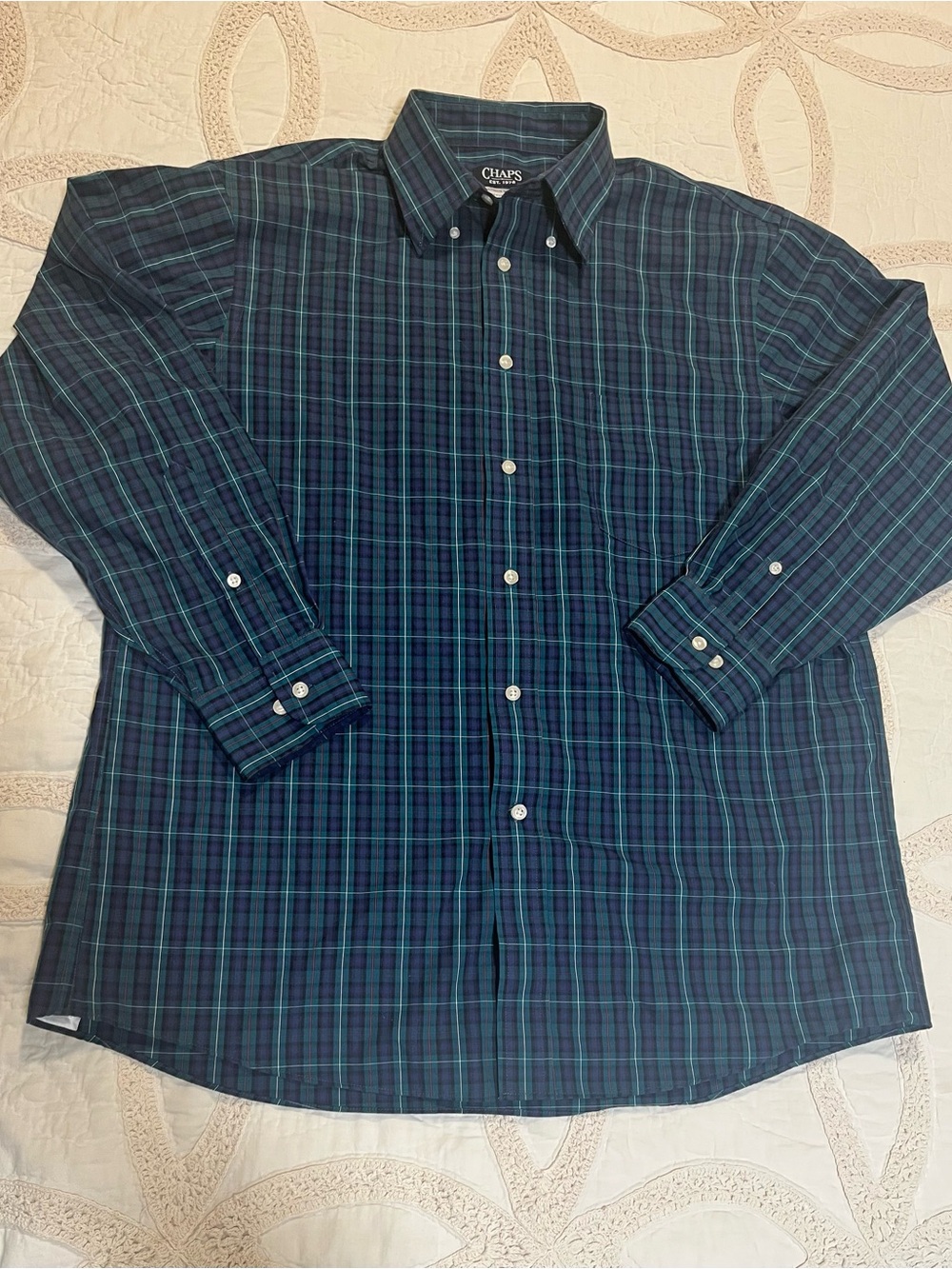 Mens Dress shirt Navy and Green Plaid Long-Sleeve Button-Down Shirt